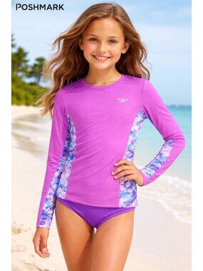 Speedo Long Sleeve Purple Girls Size M UPF 50+ Swim Top Sun Protection Vacation